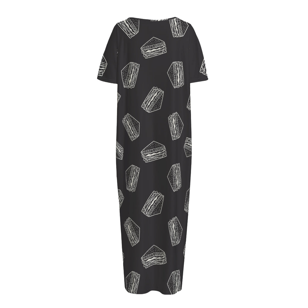 Black Doodle Sandwich Pattern Print Short Sleeve Long Nightdress