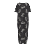Black Doodle Sandwich Pattern Print Short Sleeve Long Nightdress
