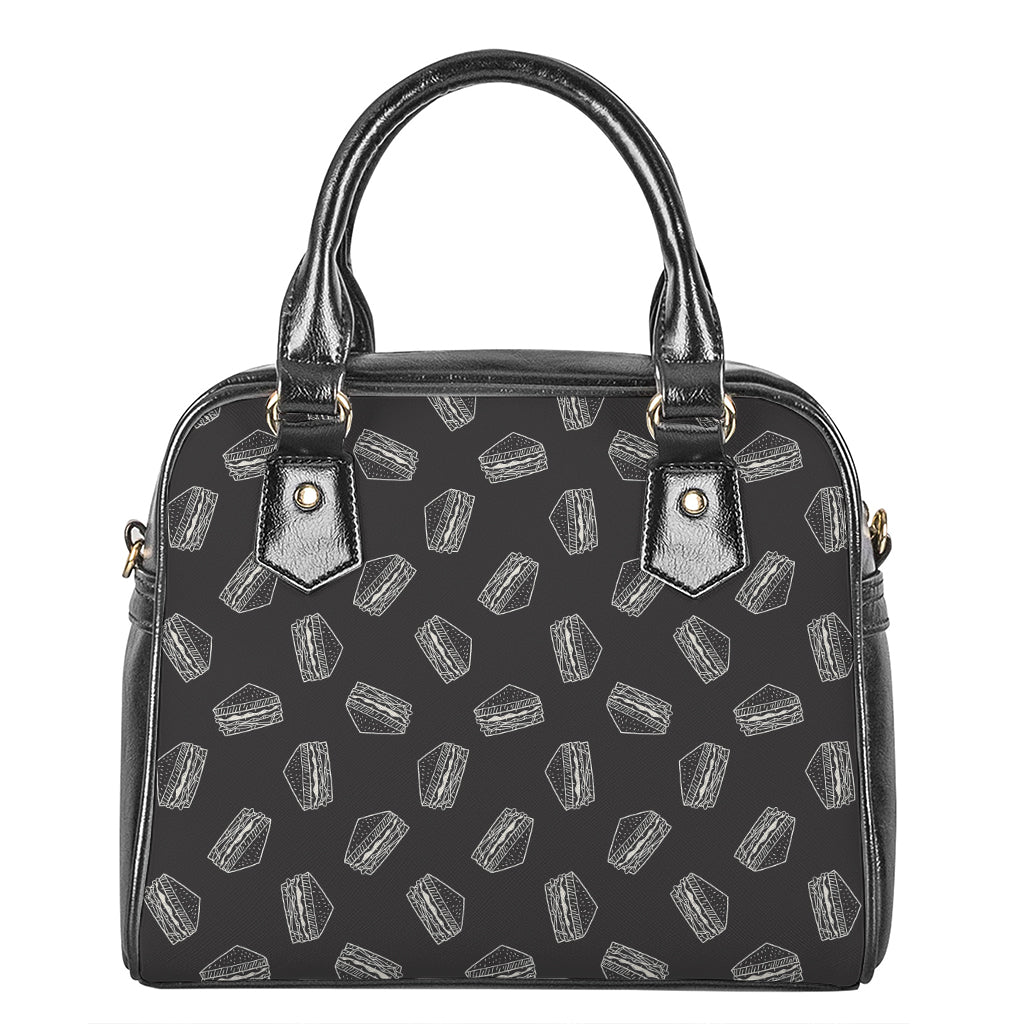 Black Doodle Sandwich Pattern Print Shoulder Handbag