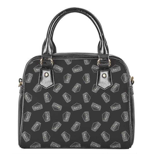 Black Doodle Sandwich Pattern Print Shoulder Handbag