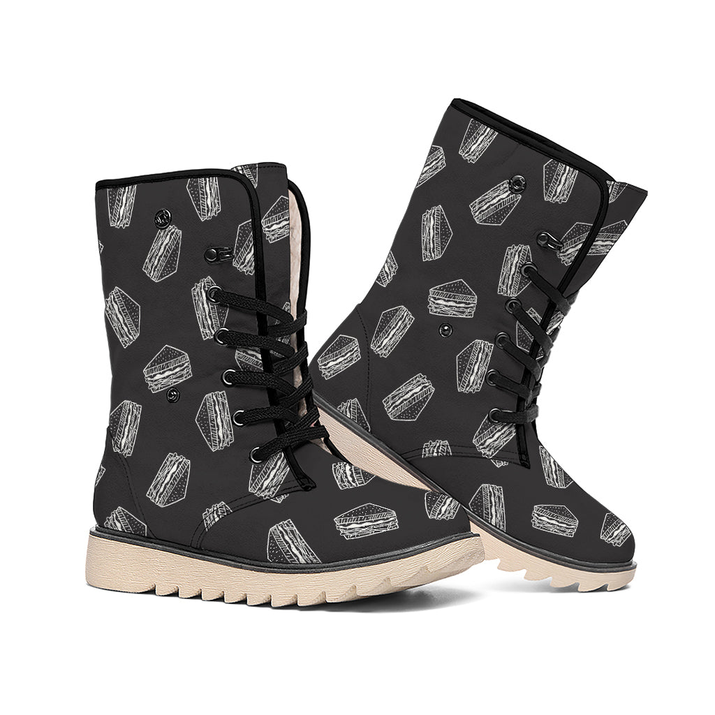 Black Doodle Sandwich Pattern Print Winter Boots