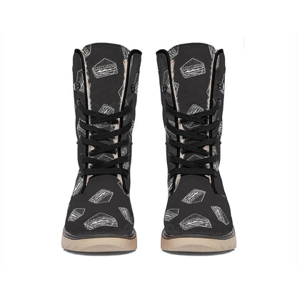 Black Doodle Sandwich Pattern Print Winter Boots