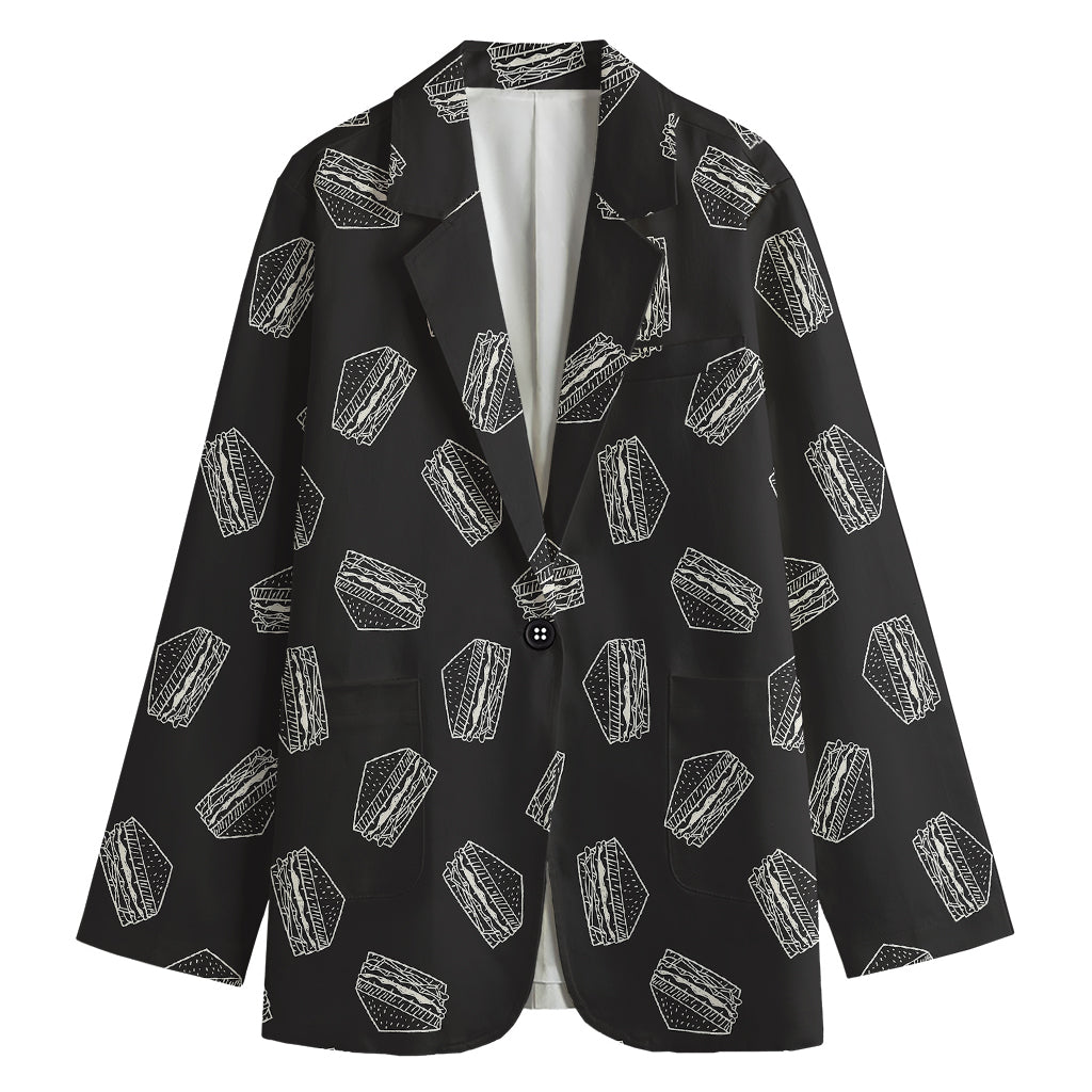 Black Doodle Sandwich Pattern Print Women's Blazer