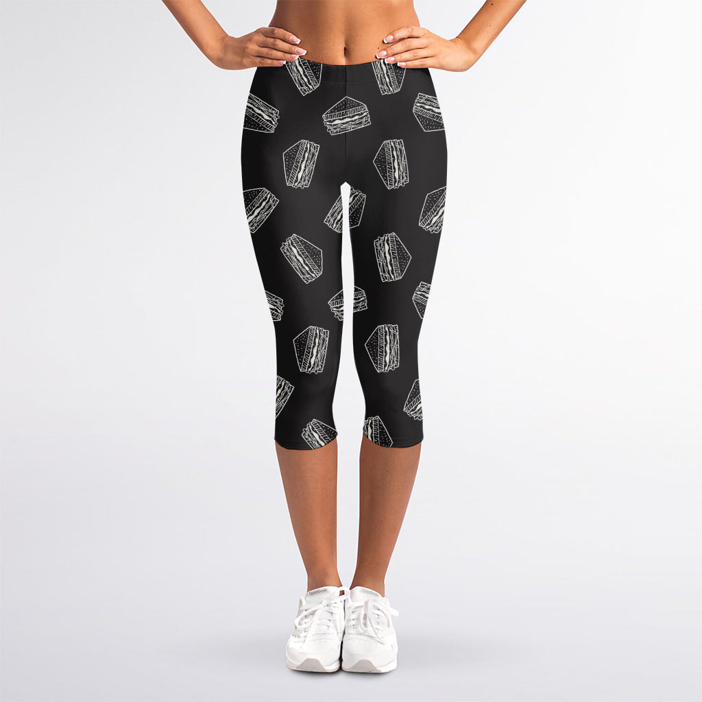 Black Doodle Sandwich Pattern Print Women's Capri Leggings
