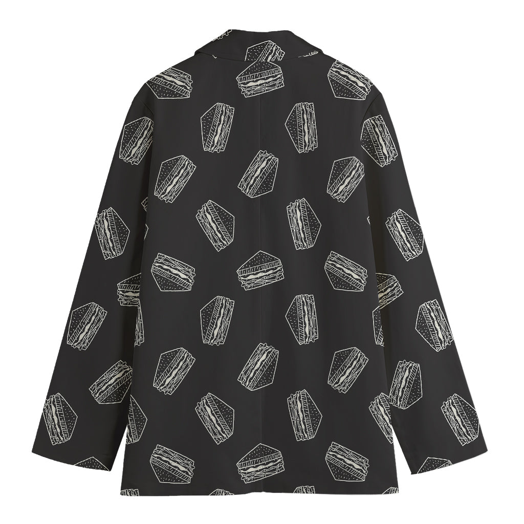 Black Doodle Sandwich Pattern Print Women's Cotton Blazer