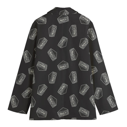Black Doodle Sandwich Pattern Print Women's Cotton Blazer