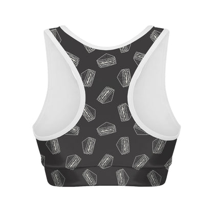 Black Doodle Sandwich Pattern Print Women's Sports Bra