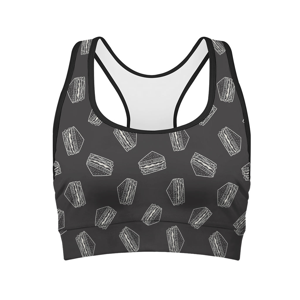 Black Doodle Sandwich Pattern Print Women's Sports Bra