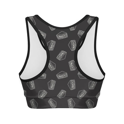 Black Doodle Sandwich Pattern Print Women's Sports Bra