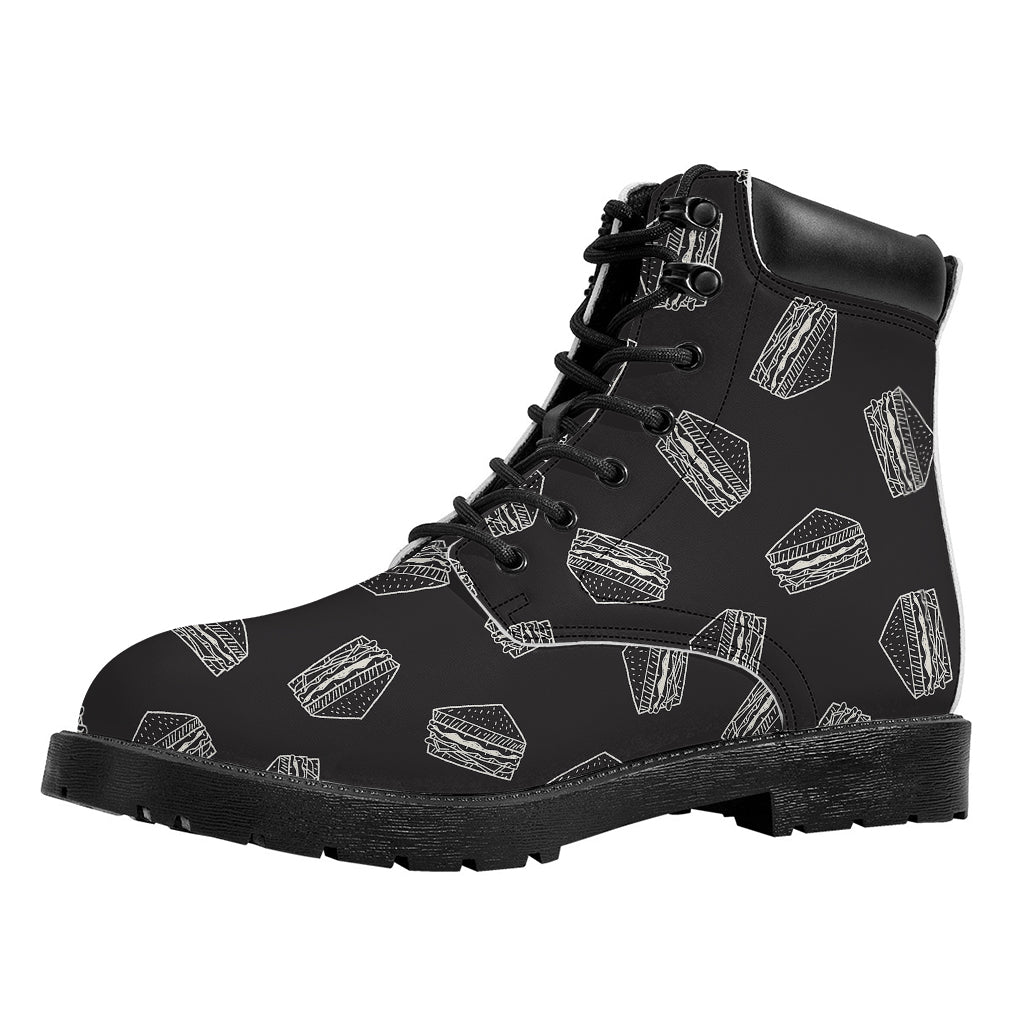 Black Doodle Sandwich Pattern Print Work Boots