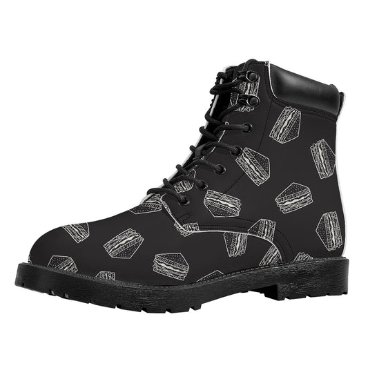 Black Doodle Sandwich Pattern Print Work Boots