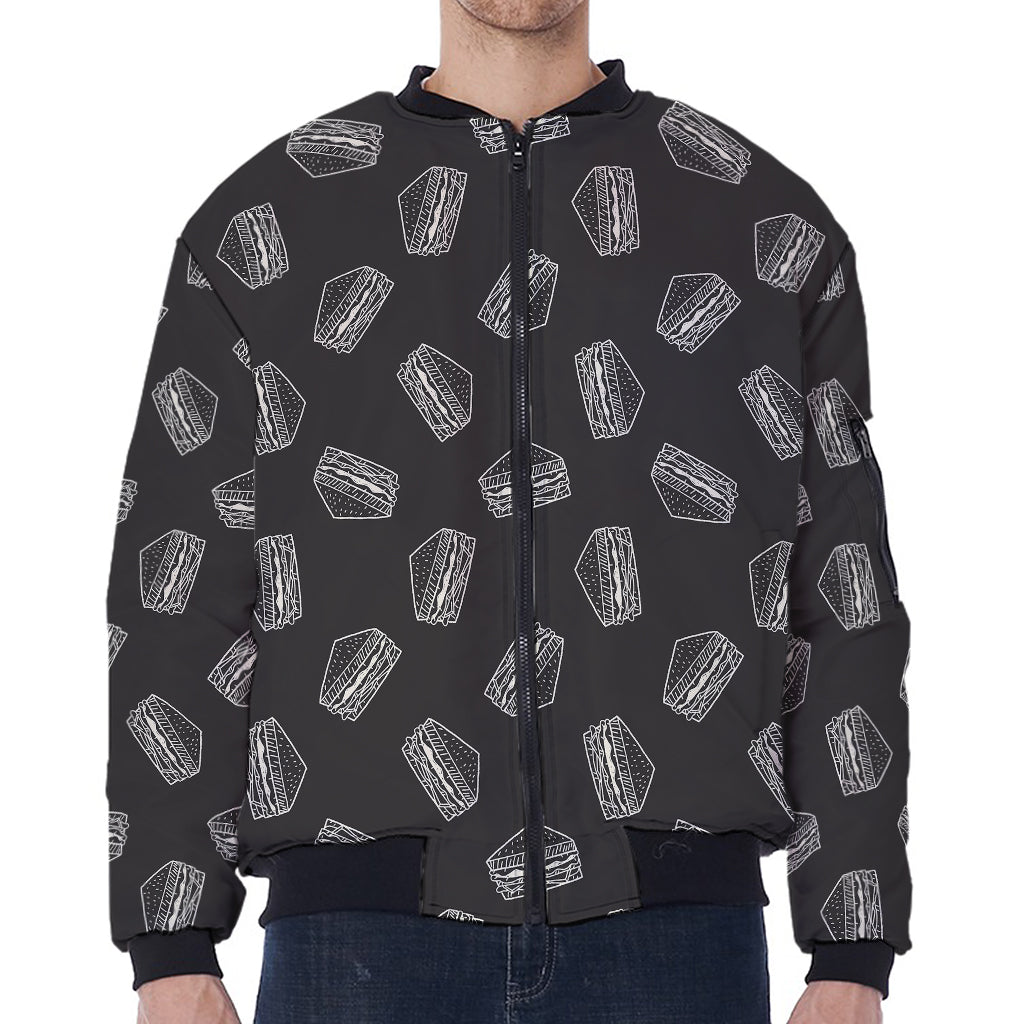Black Doodle Sandwich Pattern Print Zip Sleeve Bomber Jacket