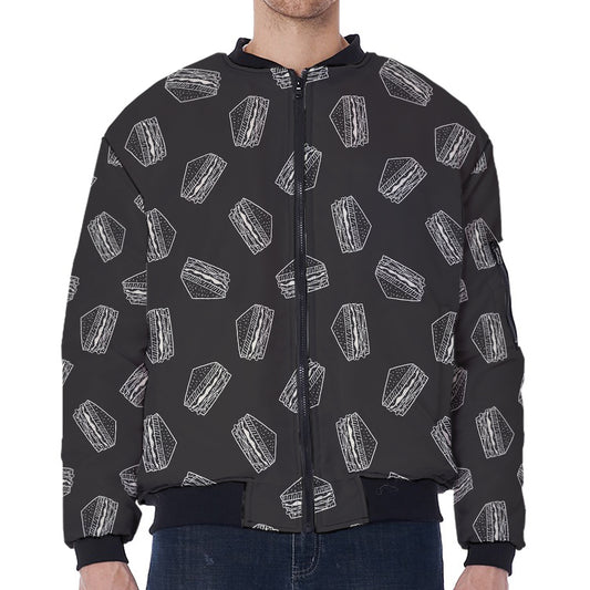 Black Doodle Sandwich Pattern Print Zip Sleeve Bomber Jacket