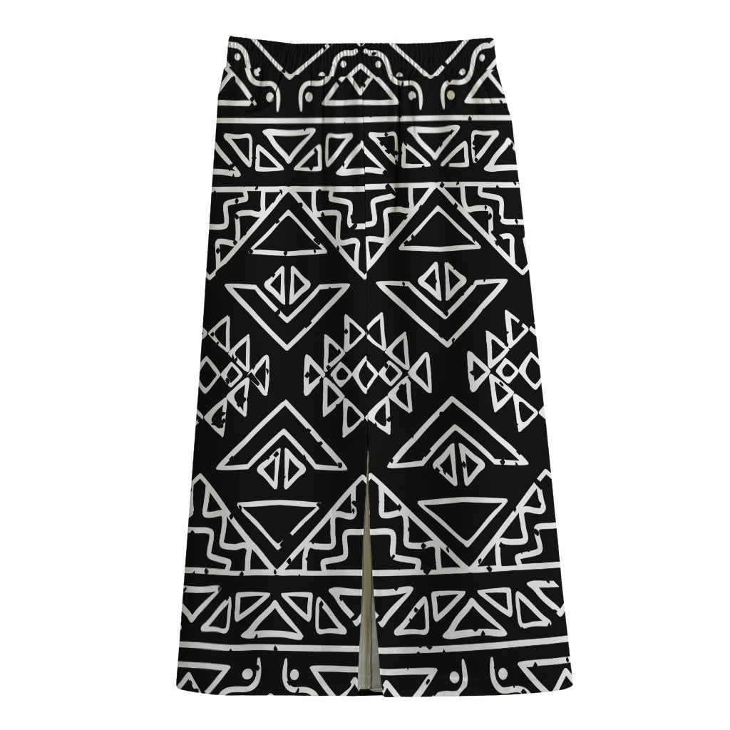 Black Ethnic Aztec Pattern Print Cotton Front Slit Maxi Skirt