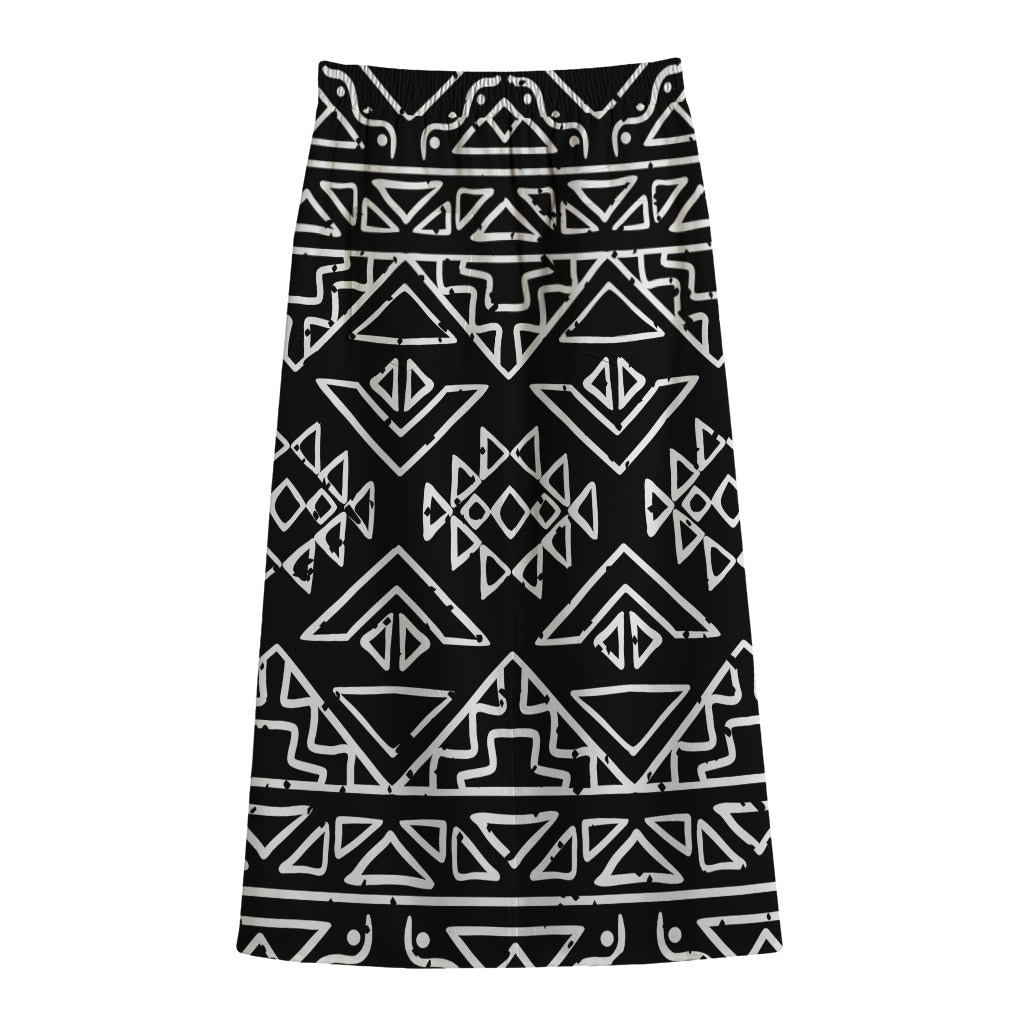 Black Ethnic Aztec Pattern Print Cotton Front Slit Maxi Skirt