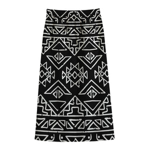 Black Ethnic Aztec Pattern Print Cotton Front Slit Maxi Skirt