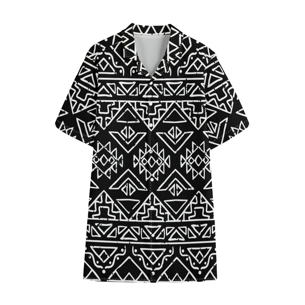 Black Ethnic Aztec Pattern Print Cotton Hawaiian Shirt