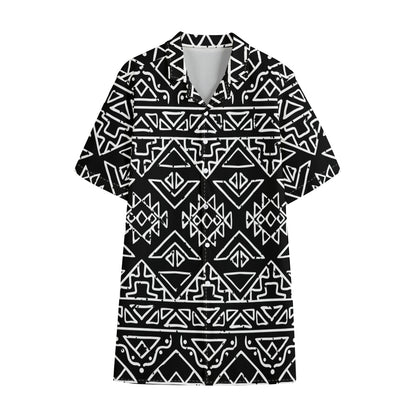 Black Ethnic Aztec Pattern Print Cotton Hawaiian Shirt