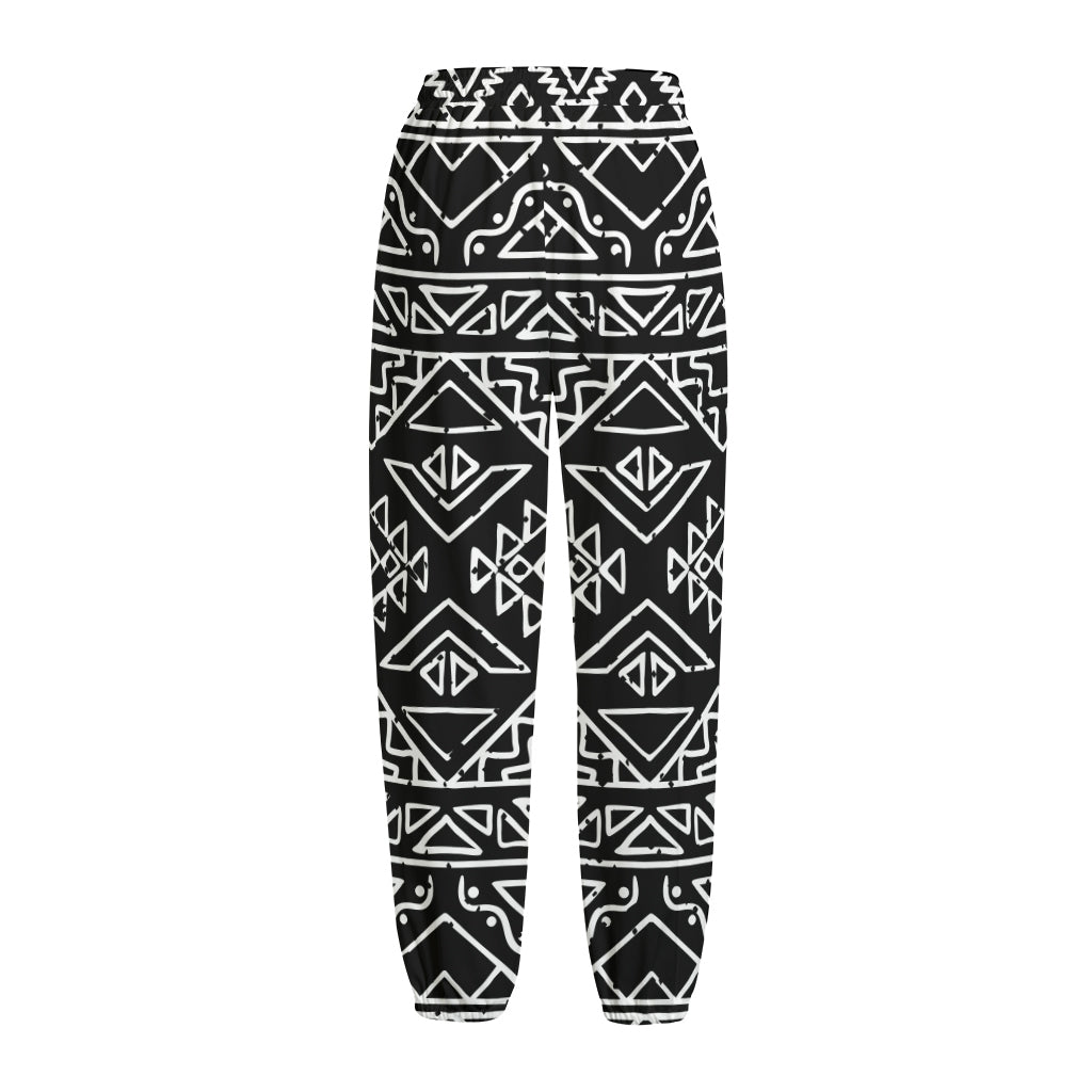 Black Ethnic Aztec Pattern Print Fleece Lined Knit Pants