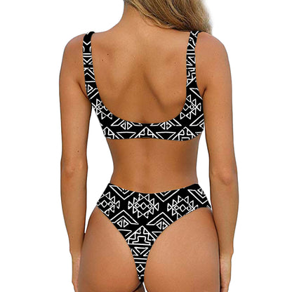 Black Ethnic Aztec Pattern Print Front Bow Tie Bikini