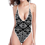 Black Ethnic Aztec Pattern Print High Cut One Piece Swimsuit