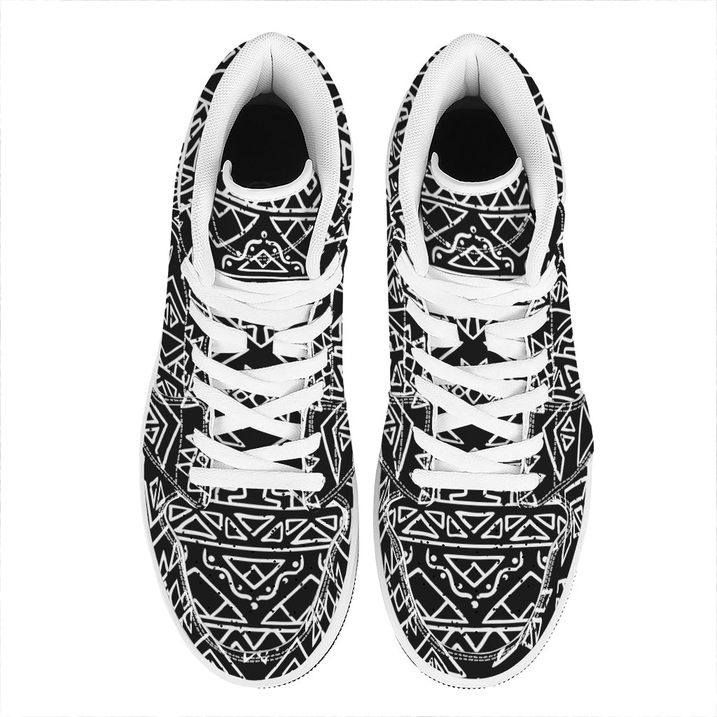 Black Ethnic Aztec Pattern Print High Top Leather Sneakers