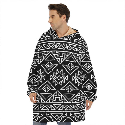 Black Ethnic Aztec Pattern Print Hoodie Blanket