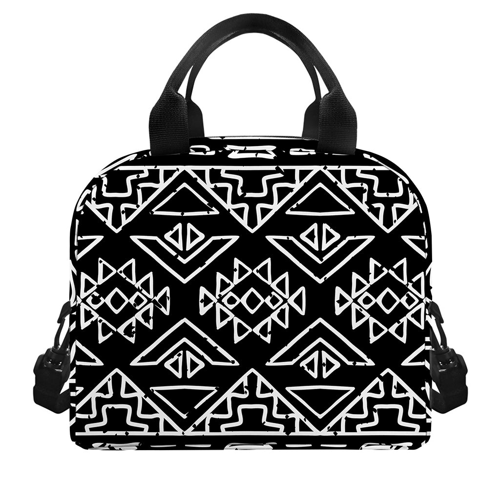 Black Ethnic Aztec Pattern Print Insulated Lunch Bag