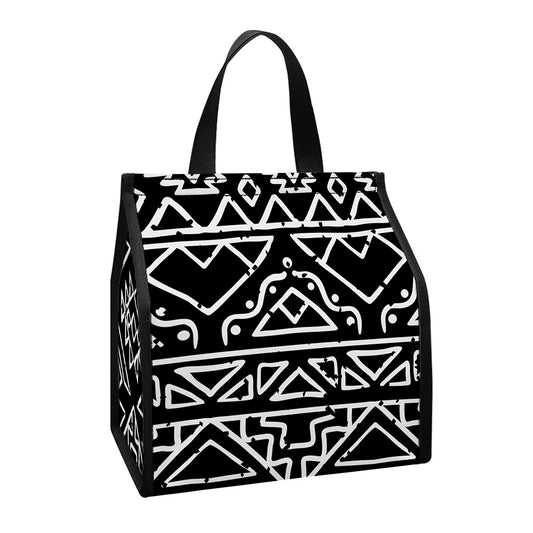 Black Ethnic Aztec Pattern Print Insulated Lunch Tote