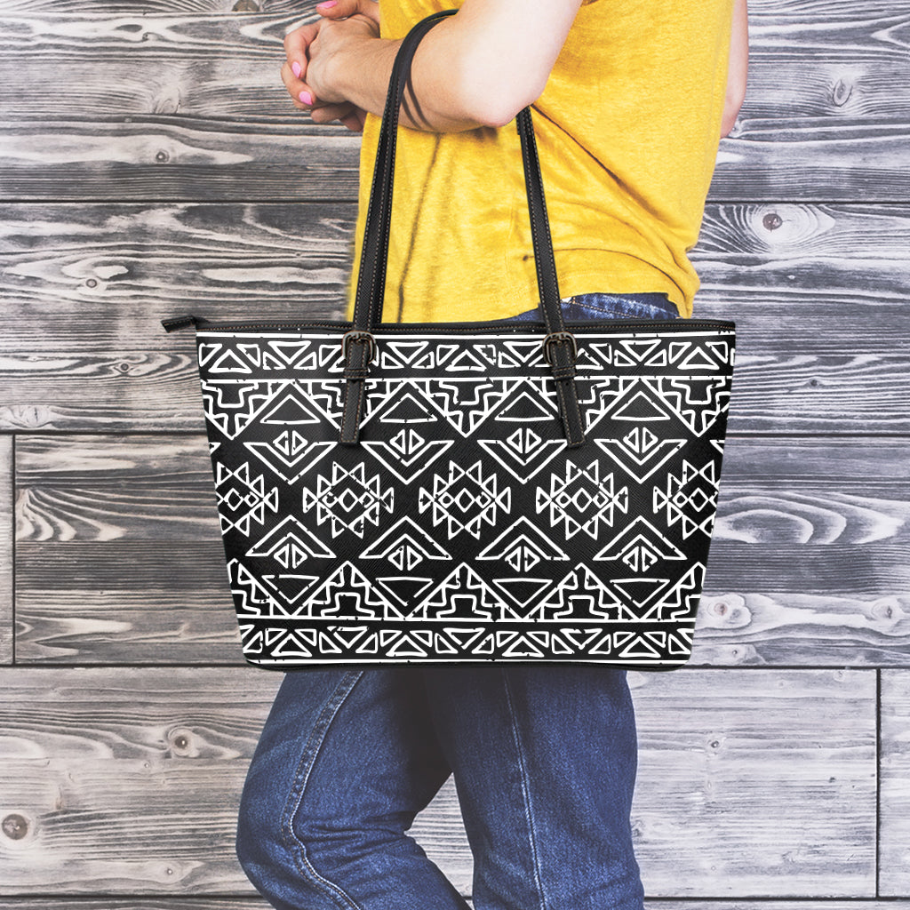 Black Ethnic Aztec Pattern Print Leather Tote Bag
