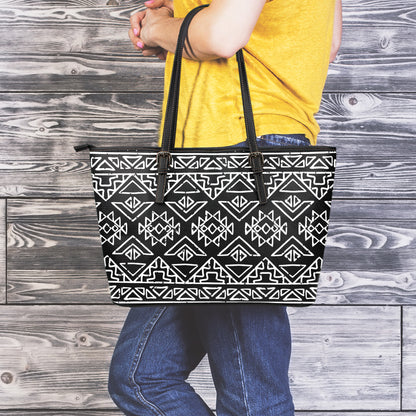Black Ethnic Aztec Pattern Print Leather Tote Bag