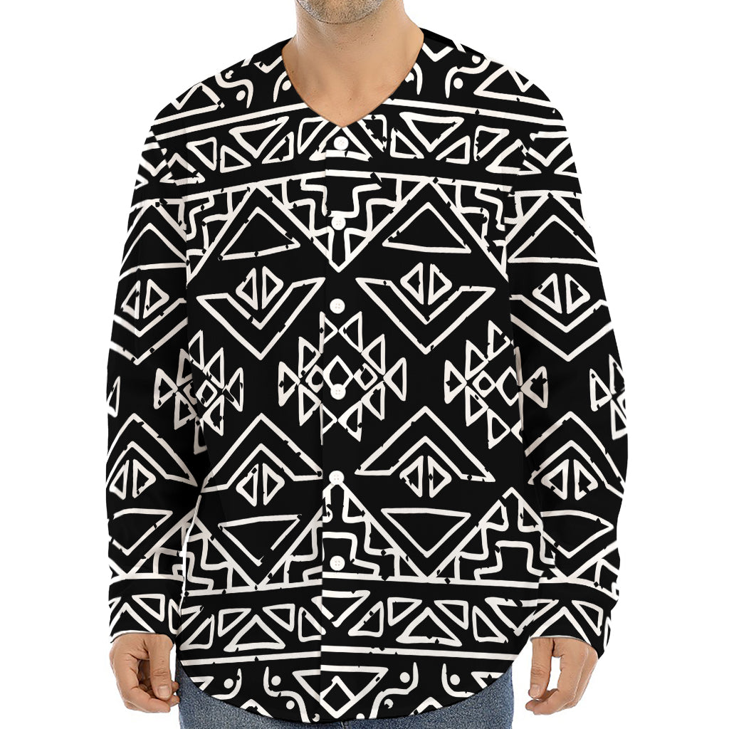 Black Ethnic Aztec Pattern Print Long Sleeve Baseball Jersey