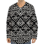 Black Ethnic Aztec Pattern Print Long Sleeve Baseball Jersey