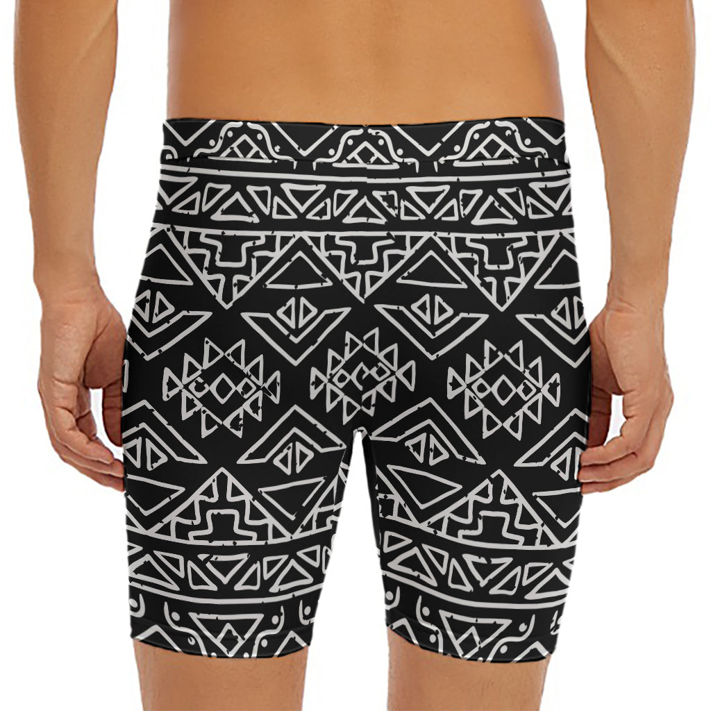 Black Ethnic Aztec Pattern Print Men's Long Boxer Briefs