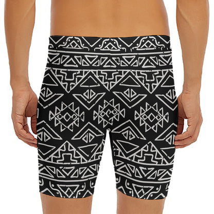 Black Ethnic Aztec Pattern Print Men's Long Boxer Briefs