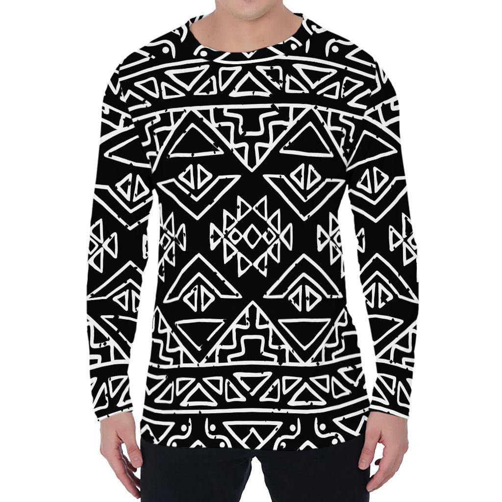 Black Ethnic Aztec Pattern Print Men's Long Sleeve T-Shirt