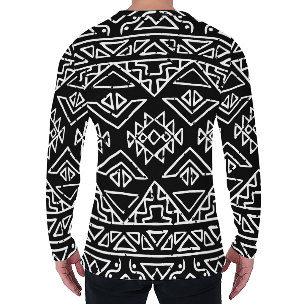 Black Ethnic Aztec Pattern Print Men's Long Sleeve T-Shirt