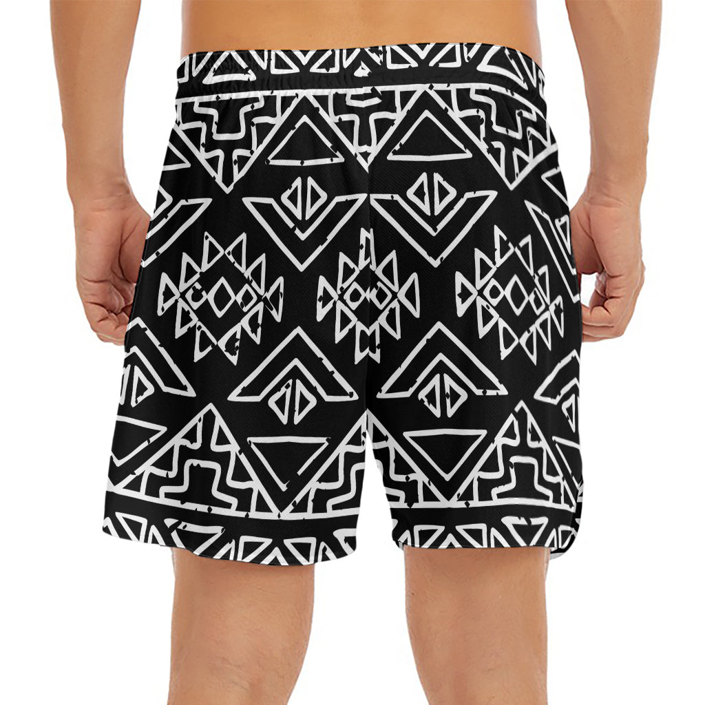 Black Ethnic Aztec Pattern Print Men's Split Running Shorts