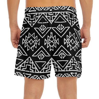 Black Ethnic Aztec Pattern Print Men's Split Running Shorts