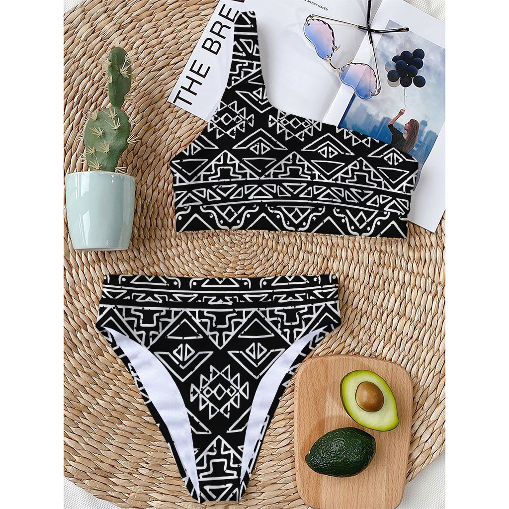 Black Ethnic Aztec Pattern Print One Shoulder Bikini Top