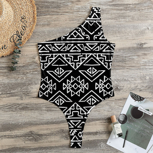 Black Ethnic Aztec Pattern Print One Shoulder Bodysuit