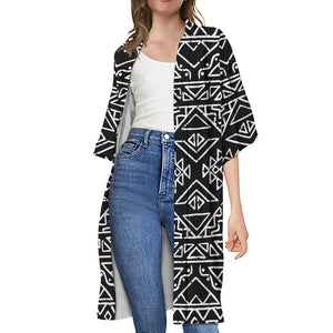 Black Ethnic Aztec Pattern Print Open Front Beach Cover Up