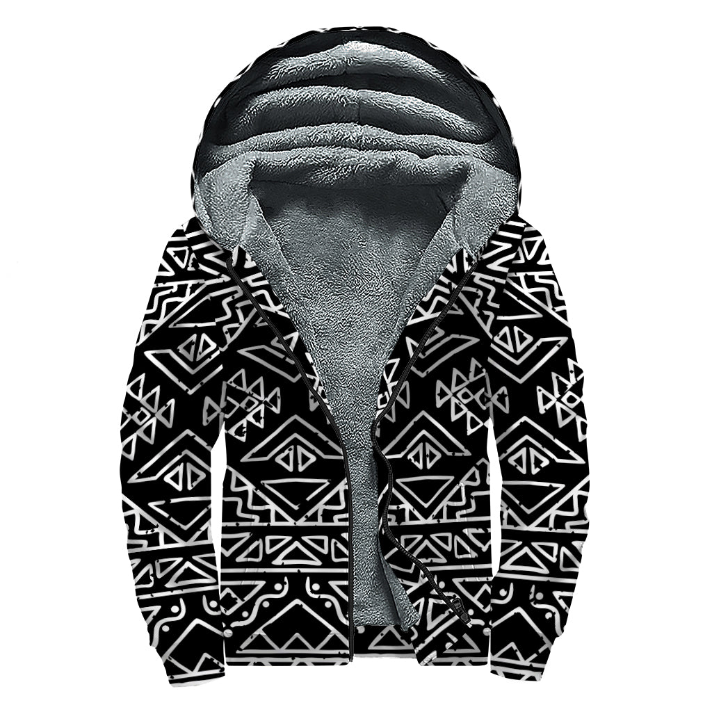 Black Ethnic Aztec Pattern Print Sherpa Lined Zip Up Hoodie