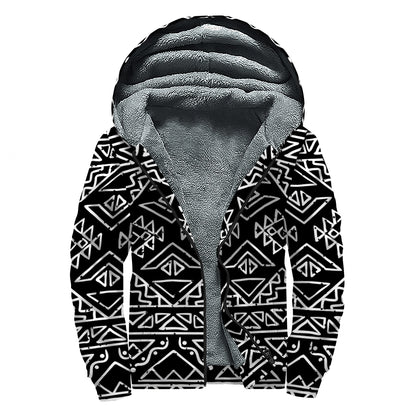 Black Ethnic Aztec Pattern Print Sherpa Lined Zip Up Hoodie