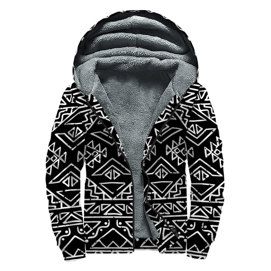 Black Ethnic Aztec Pattern Print Sherpa Lined Zip Up Hoodie