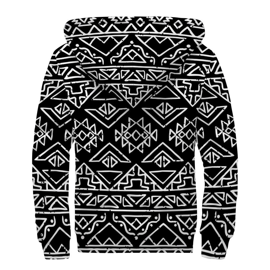 Black Ethnic Aztec Pattern Print Sherpa Lined Zip Up Hoodie