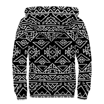Black Ethnic Aztec Pattern Print Sherpa Lined Zip Up Hoodie