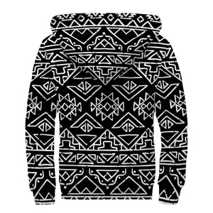 Black Ethnic Aztec Pattern Print Sherpa Lined Zip Up Hoodie