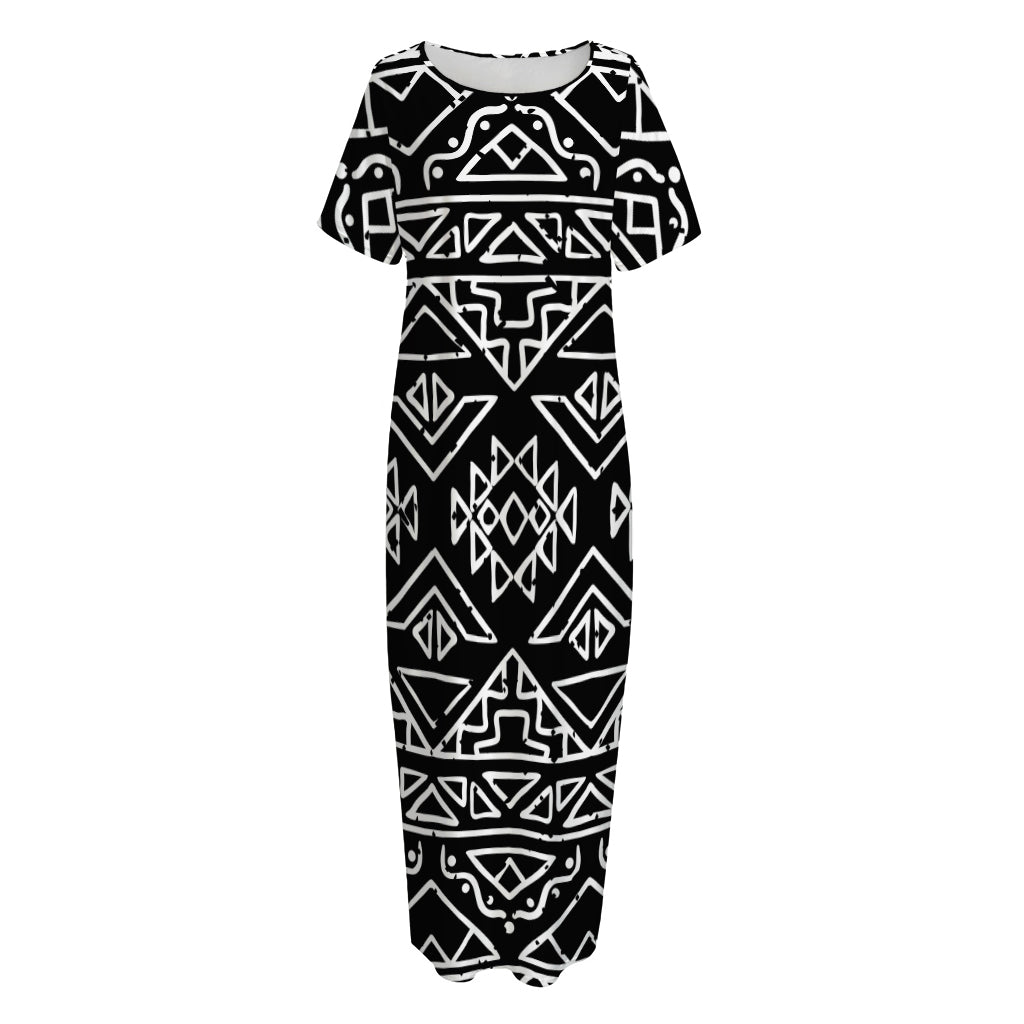 Black Ethnic Aztec Pattern Print Short Sleeve Long Nightdress