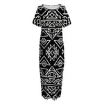 Black Ethnic Aztec Pattern Print Short Sleeve Long Nightdress